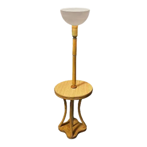 Restored Rattan & Mahogany Hourglass Side Table Torchiere Floor Lamp