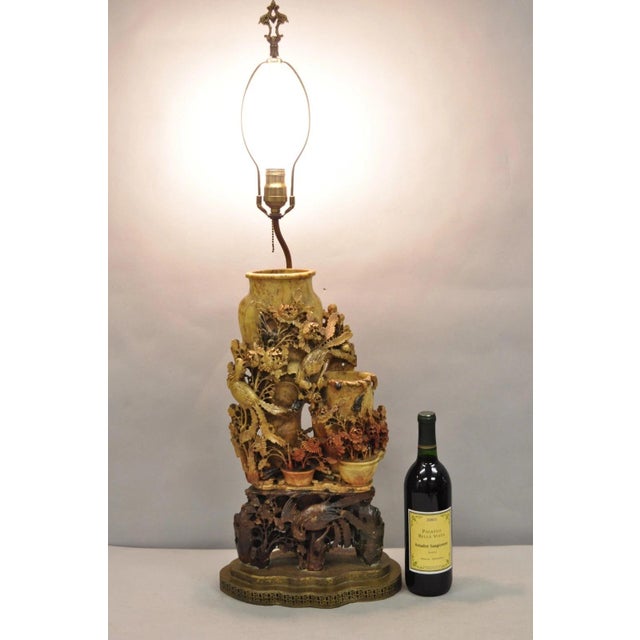 Antique Chinese Figural Carved Soapstone Large Table Lamp w/ Birds & Flowers. Circa Early 20th Century. Measurements:...