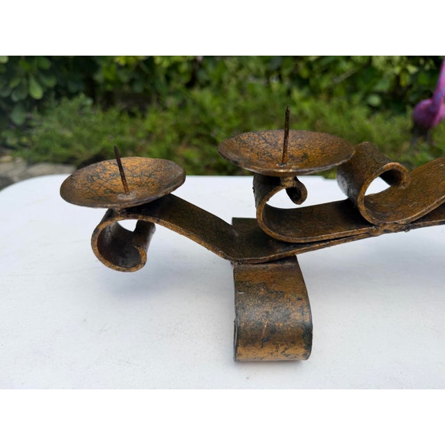 Metal Vintage Mexican Hand-Forged Iron Five-Light Candelabra With Crackle Gilt Finish For Sale - Image 7 of 12