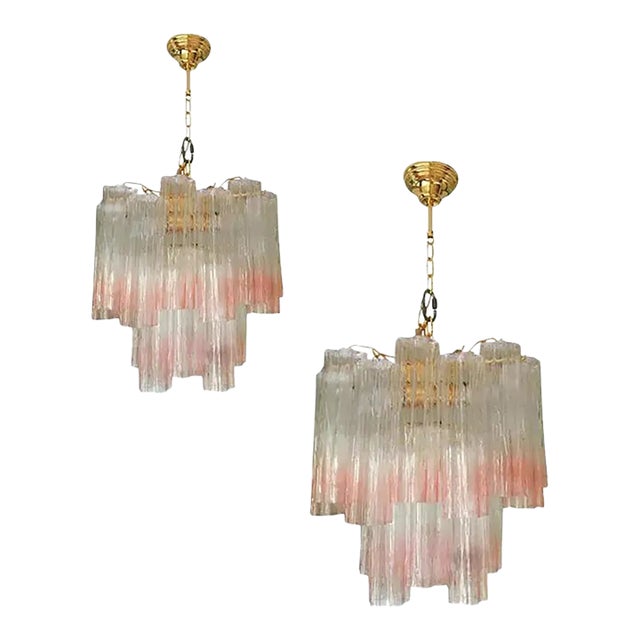 Pair of Murano Style Glass Vanished Pink Tronchi Venini Style Chandeliers For Sale