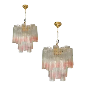 Pair of Murano Style Glass Vanished Pink Tronchi Venini Style Chandeliers