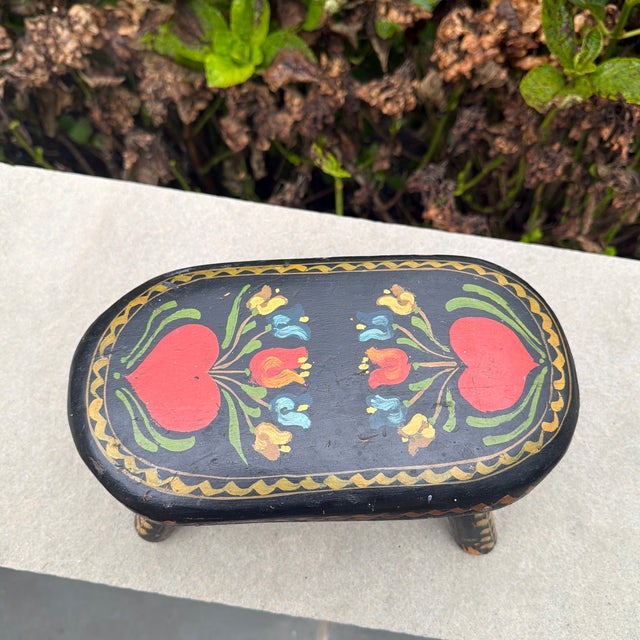 1950s Hand Painted Scandinavian Style Wooden Folk Art Footstool With Heart and Floral Decoration For Sale In New York - Image 6 of 9