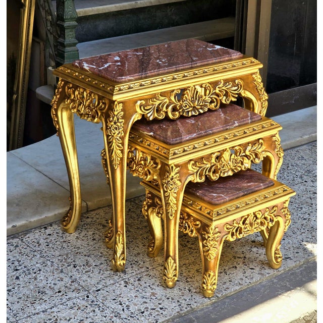 2020s French Baroque Style Nesting Tables – Set of 3 Marble With Gold Leaf Details For Sale - Image 5 of 6