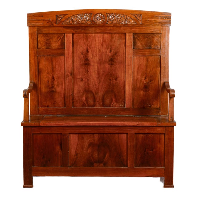 Art Deco Carved Bench with Armrests For Sale