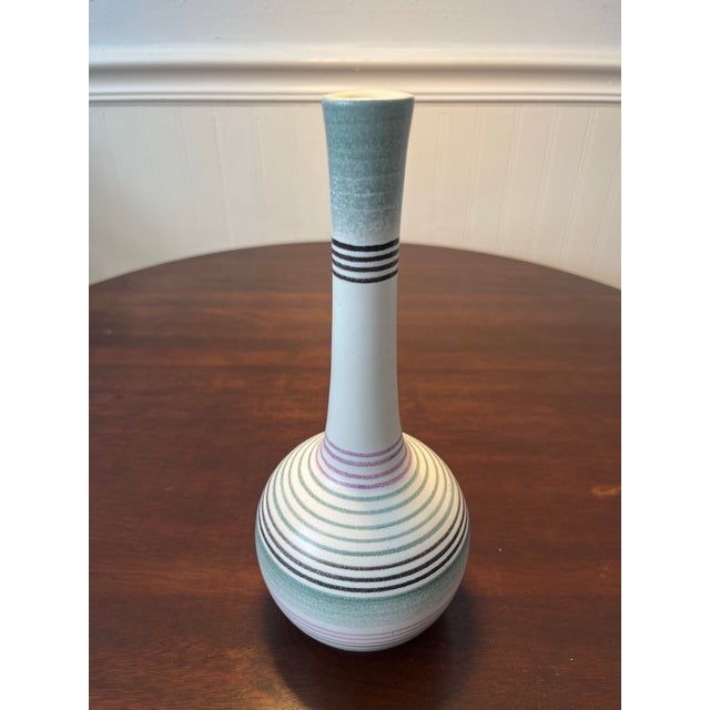 Vintage Haeger onion bulb mid century vase . Smoke ring pattern handpainted real, pink, & black with a mottled teal glaze...