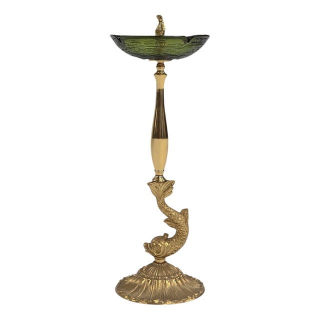 Sculptural Green Glass and Metal Ashtray with Fish and Eagle Motifs, Belgium, 1970s For Sale