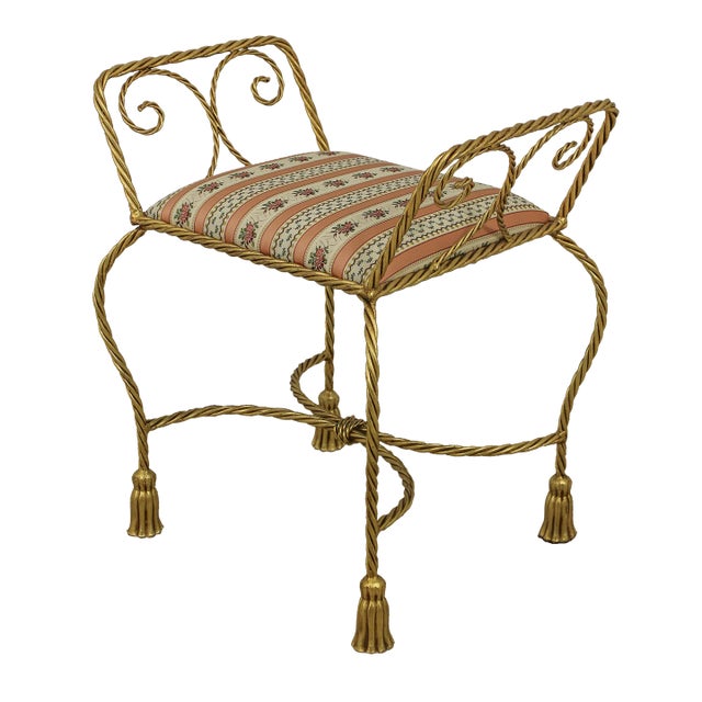 Italian Gold Gilt Rope Twist & Tassel Vanity Bench For Sale