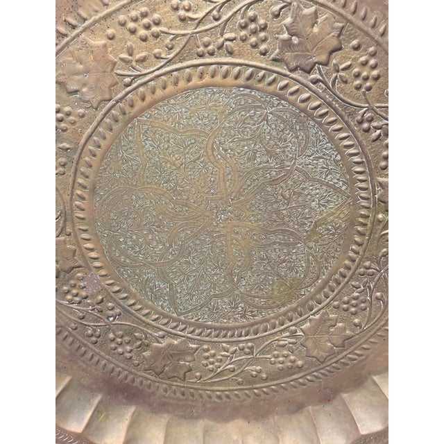Mid 20th Century Vintage Indian Benares Brass Tray - 31" Large Round Hand-Etched Charger Tray For Sale - Image 5 of 7