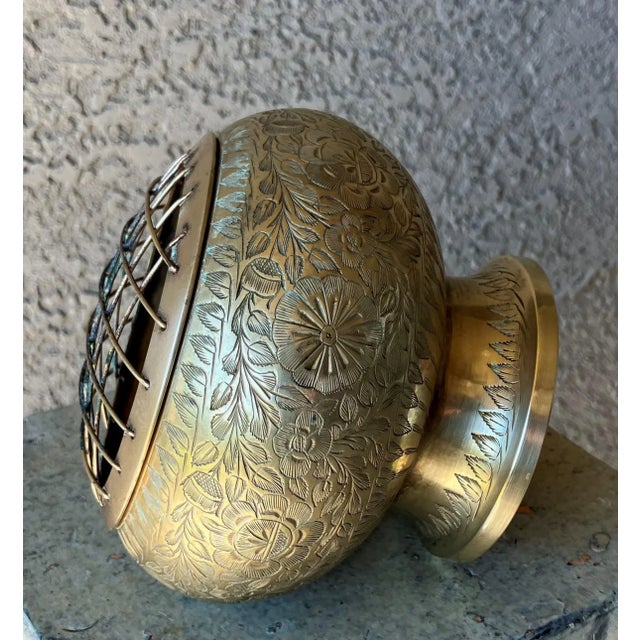 Chinoiserie Circa 1970 Engraved Floral & Foliate Ikebana-Style Brass Pedestal Base Flower Frog For Sale - Image 3 of 14