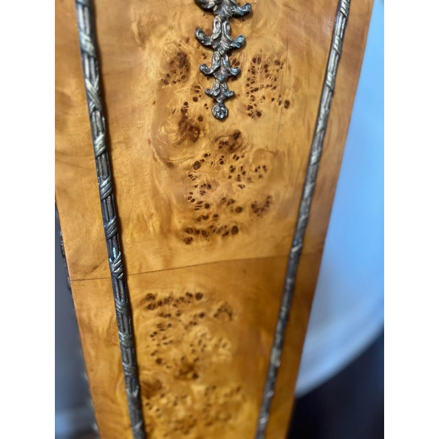 Brown French Regency Style Pair of Burlwood Veneer Pedestal With Marble Top and Lion Head Brass Detail For Sale - Image 8 of 13