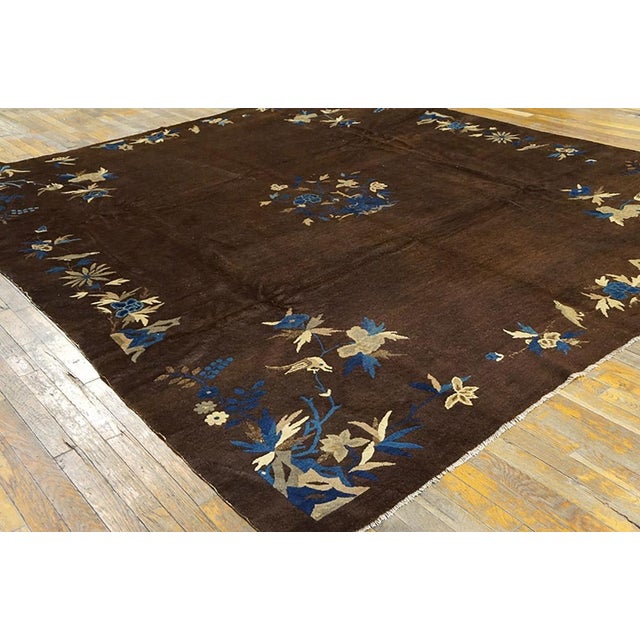 Art Deco 1890s Brown Floral Medallion Antique Chinese Peking Rug 8'2" X 9'5" Hand Knotted Wool Carpet For Sale - Image 3 of 4