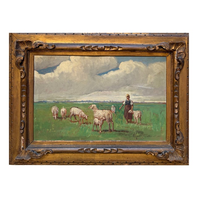 Guido Mantovani, Landscape, Shepherdess, Oil on Panel, Framed For Sale