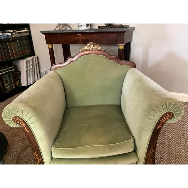 Figurative Early 20th Century Austrian Vienna Biedermeier Revival Armchairs in Carved Walnut with Green Velvet – Pair For Sale - Image 3 of 9