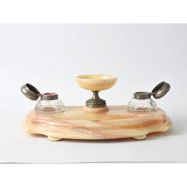 Antique marble desk set. Consists of two crystal inkwells with metal lids and a marble pen tray.