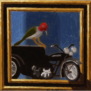 Night Rider by Shawn Sullivan | Oil on panel Bird perched on a motorcycle in a framed setting. For Sale