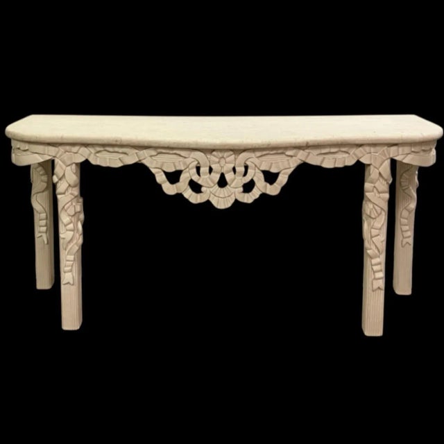 Hollywood Regency Hollywood Regency Style Italian Carved Ribbon Mirror & Stone Console Table For Sale - Image 3 of 10
