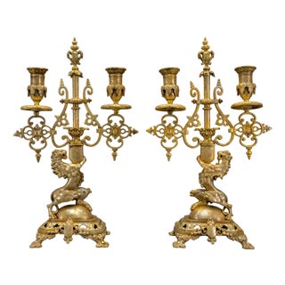 Neo-Gothic French Bronze Candelabras with Heraldic Lions, 1920s, Set of 2 For Sale