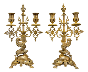 Neo-Gothic French Bronze Candelabras with Heraldic Lions, 1920s, Set of 2