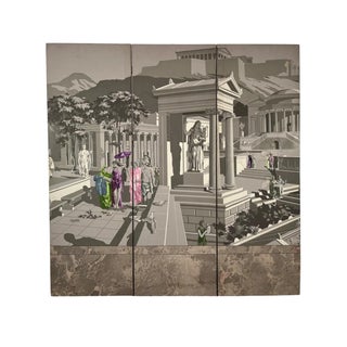 Zuber Tri-Fold 3 Part Mural Screen Gray Tones Pink Purple Green Figures For Sale
