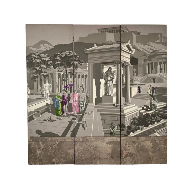 Zuber Tri-Fold 3 Part Mural Screen Gray Tones Pink Purple Green Figures For Sale