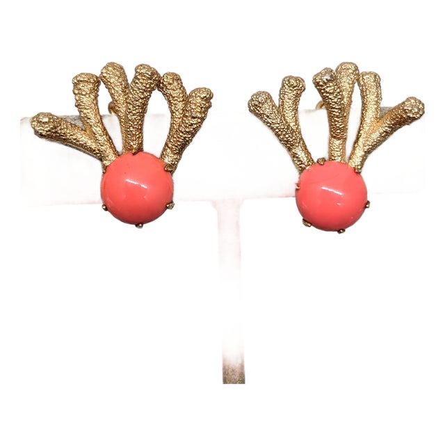 Vintage 1960s Signed Napier Goldtone Cabochon Faux-Coral Clip Earrings- 2 Pieces For Sale