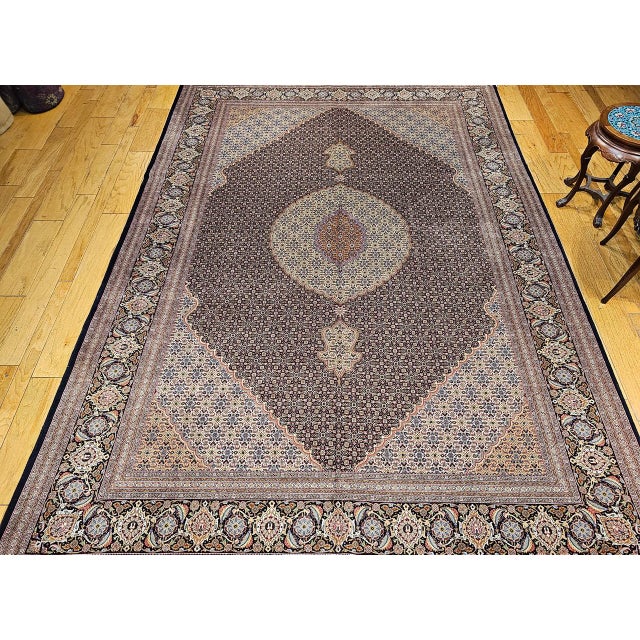 Black Antique Persian Tabriz Mahi Rug, Hand-Knotted Wool & Silk, Herati Geometric Pattern, Navy & Ivory, 9x12 For Sale - Image 8 of 18