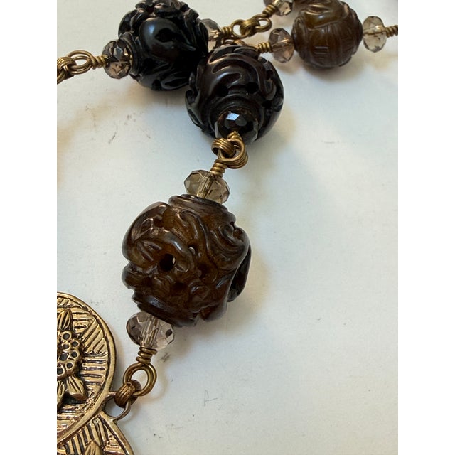 Coffee Vintage Stephen Dweck Bronze Floral Medallion Tassel Necklace For Sale - Image 8 of 8