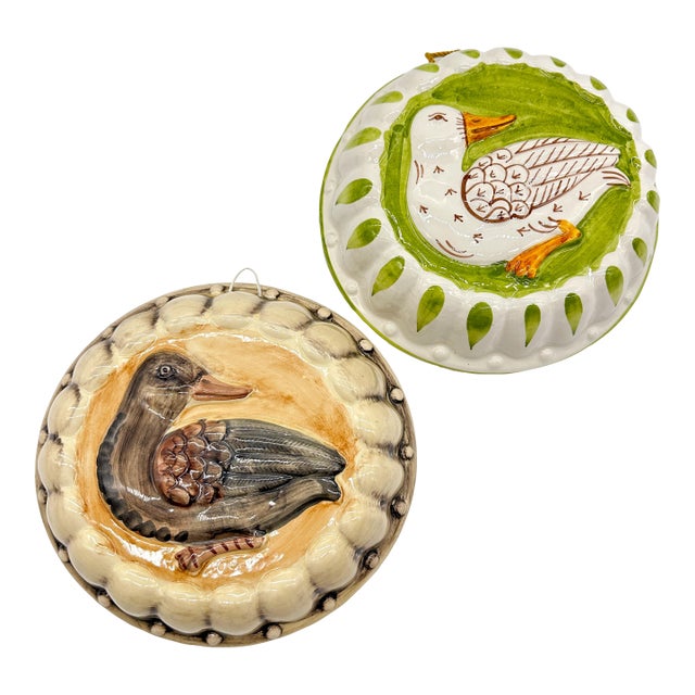 Mid 20th Century Hand Painted Italian Kitchen Decorative Molds Bird Duck Wall Art Decor- a Pair For Sale