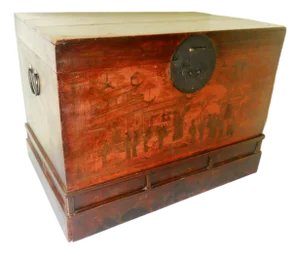 Antique Chinese Hand Painted Red Trunk 2647, Circa 1800-1849