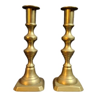 Antique English Brass Candlesticks Pair Multi-Knop Square Step Base 18th/19th C. For Sale