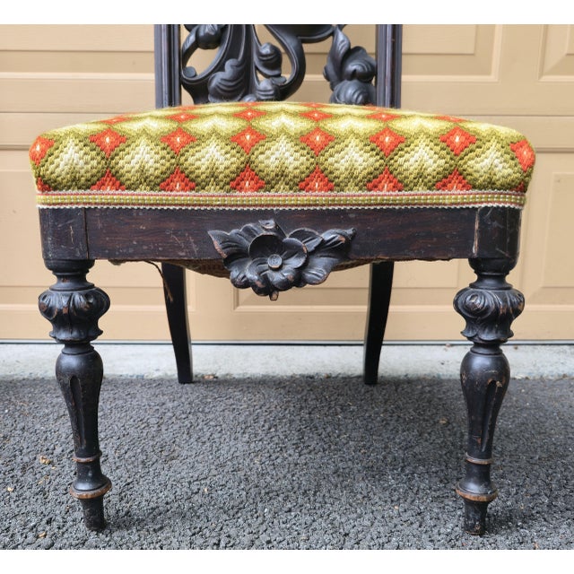 Pair of High Back 49" Side Chairs in Black Walnut Heavily Carved Black Forest Rococo Renaissance Revival For Sale - Image 11 of 17