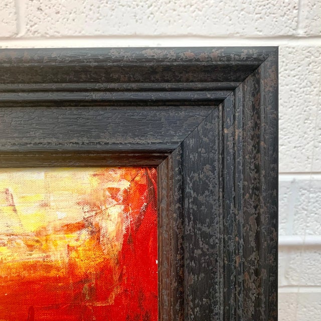Textile Bright Red & Yellow Abstract Expressionist Landscape Painting in Chunky Black Wooden Frame by British Artist, 2005 For Sale - Image 7 of 11