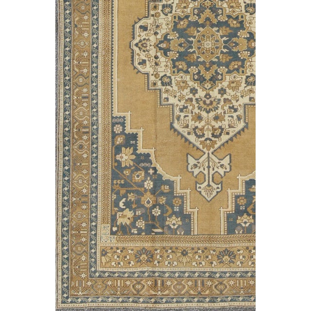 Tribal Mid 20th Century Vintage Turkish Oushak With Floral Medallion in Mustard Olive Blue and Cream For Sale - Image 3 of 10