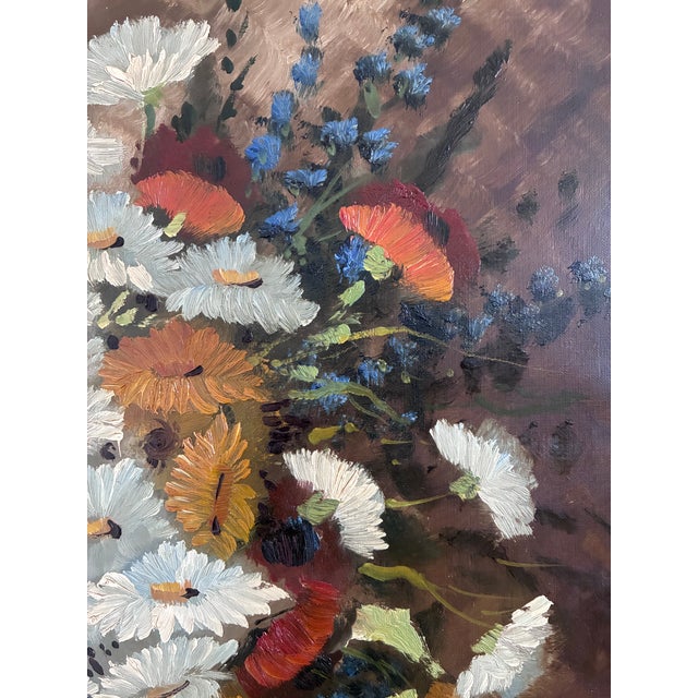 Vintage Original Floral Oil Painting With Wildflowers in Blue Vase For Sale - Image 9 of 14