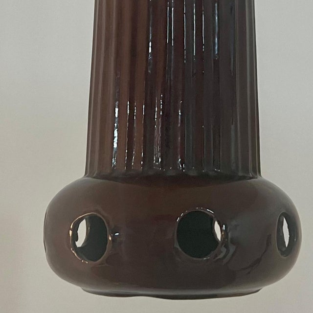 Metal Brown Glazed Ceramic Pendant Lights, Germany, 1970s, Set of 3 For Sale - Image 7 of 15