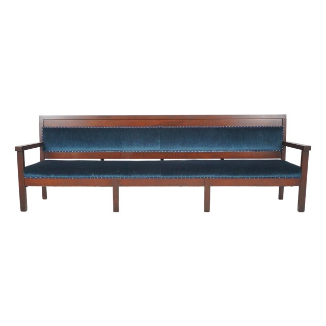 Mid 20th Century Traditional 114.75 In. Blue Velvet Walnut Settee Bench For Sale