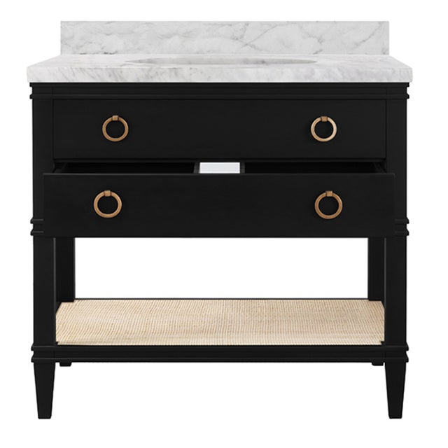 2020s Matthew Izzo Home Cutler Black Lacquer Single Porcelain Sink Bath Vanity With Brass Drawer Pulls and Marble Top For Sale - Image 5 of 9
