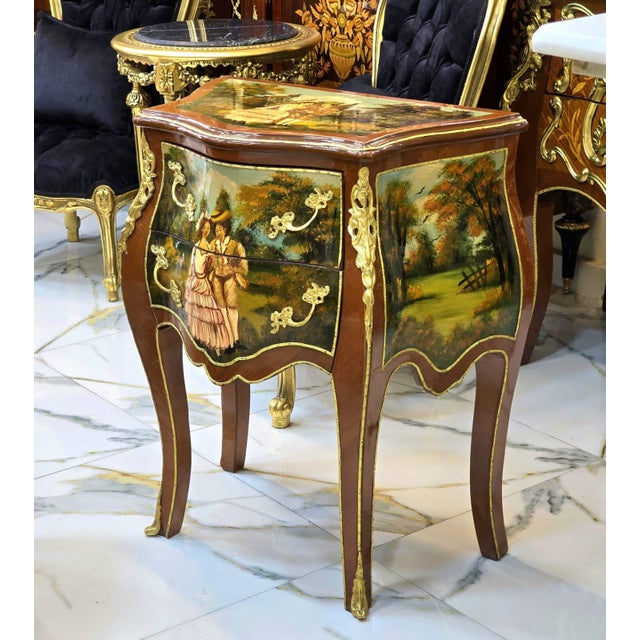 Rococo French Rococo Hand-Painted Accent Chest With Gold Leaf Details & Romantic Landscape Artwork For Sale - Image 3 of 4