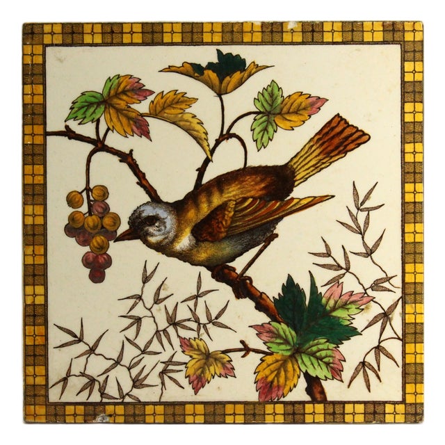 Circa 1895 Fireplace Tile With Bird Hand Tinted Transfer h.a Ollivant, England For Sale