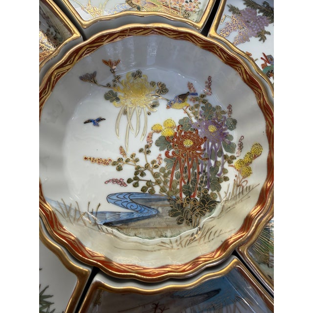 Vintage Japanese Porcelain 7-Pc Lazy Susan Sweet Meat Set Birds Flowers Gold For Sale - Image 13 of 13