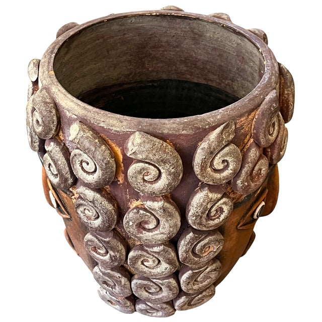 1960s Monumental Handcrafted Mexican Terra Cotta Janus Head Planter / Vessel With Spiral Relief Motif For Sale In Jacksonville, FL - Image 6 of 9