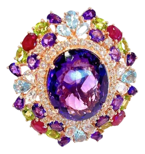 Bochic "Orient" Vintage Amethyst & Ruby & Multi Gem Ring 18K & Silver