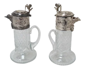 Antique Sheffield Silverplate & Hand Cut Crystal Wine Ewers a Pair