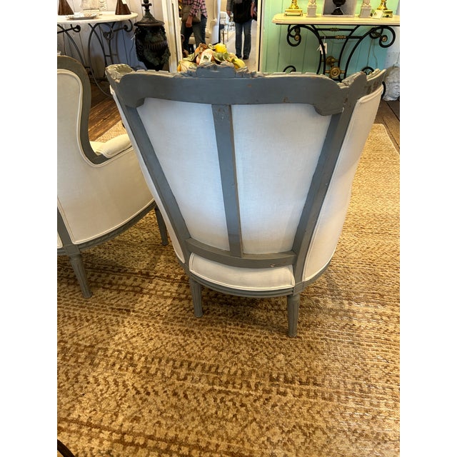 French Style Grey Painted and Freshly Upholstered Bergeres - A Pair For Sale - Image 12 of 12