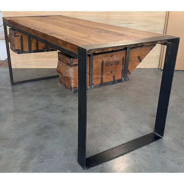 Mid 20th Century Mid 20th Century Oak Kitchen Island, Butcher Block, Industrial Work Table Cast Iron For Sale - Image 5 of 18