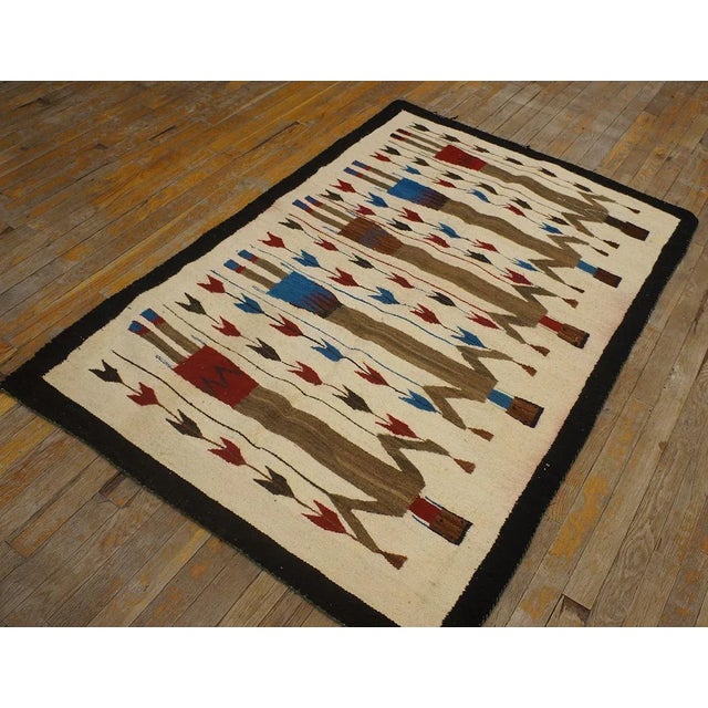 Tribal 1930s Ivory Geometric Figures Antique American Navajo Yei Carpet 3' 5'' X 5' Flatweave Wool Rug For Sale - Image 3 of 9