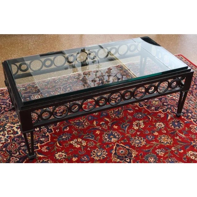 Mid Century Style Circle Pattern Black Iron & Glass Cocktail Coffee Table For Sale - Image 4 of 12