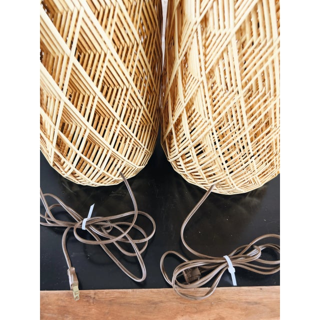 Vintage 1980s Woven Rattan Table Lamps - Pair For Sale - Image 4 of 5