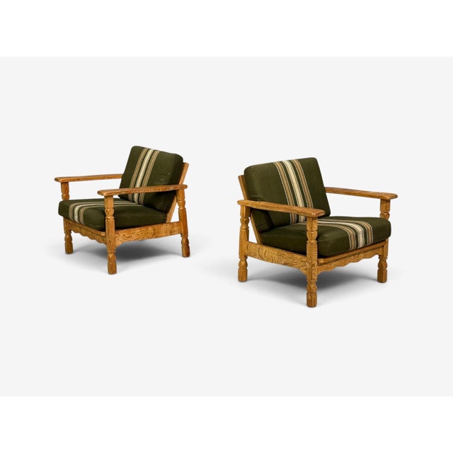 1970s Henning Kjaernulf Style, Lounge Chairs, Oak, Fabric, Denmark, 1970s For Sale - Image 5 of 13