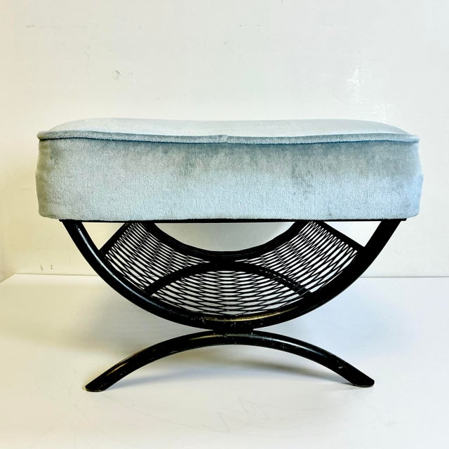 Sky Blue 1960s Vintage Mid-Century Boho Chic Atomic Metal Footstool With Sky Blue Velvet Cushion For Sale - Image 8 of 13